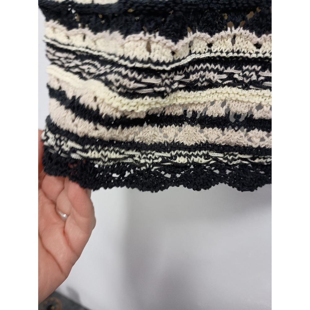 Belle Boho Kim Gravel Short Sleeve Crochet Top Women L Black Cream Striped Knit - Picture 6 of 11